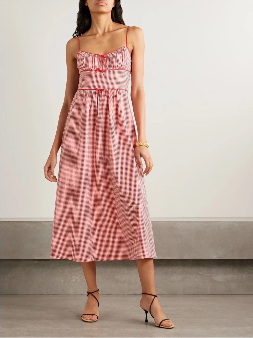 NWT Doen BELINE BOW DETAIL RED CHECK MIDI DRESS Size L
